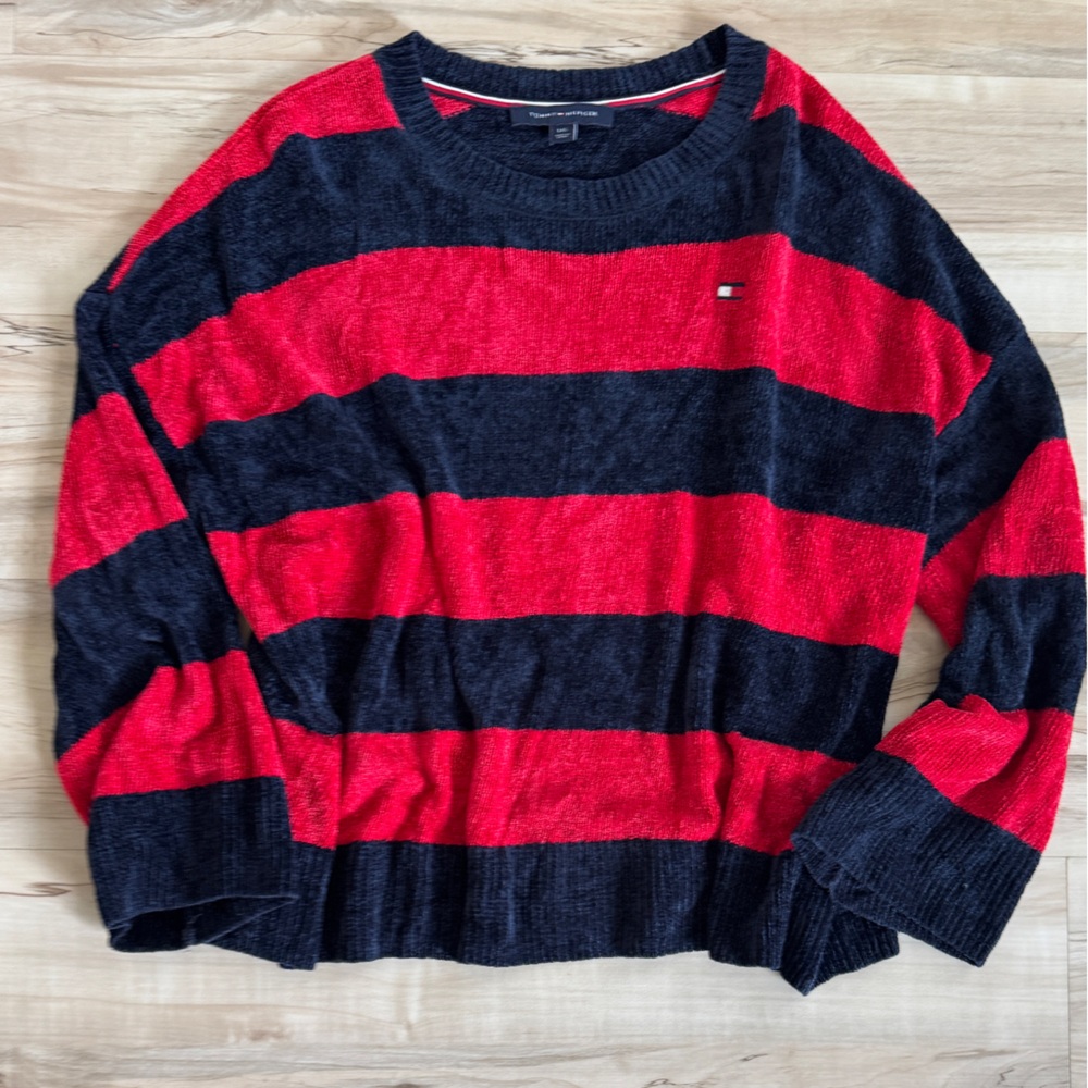 Tommy Hilfiger Men's Red Navy Chenille Rugby Stripe Sweater L